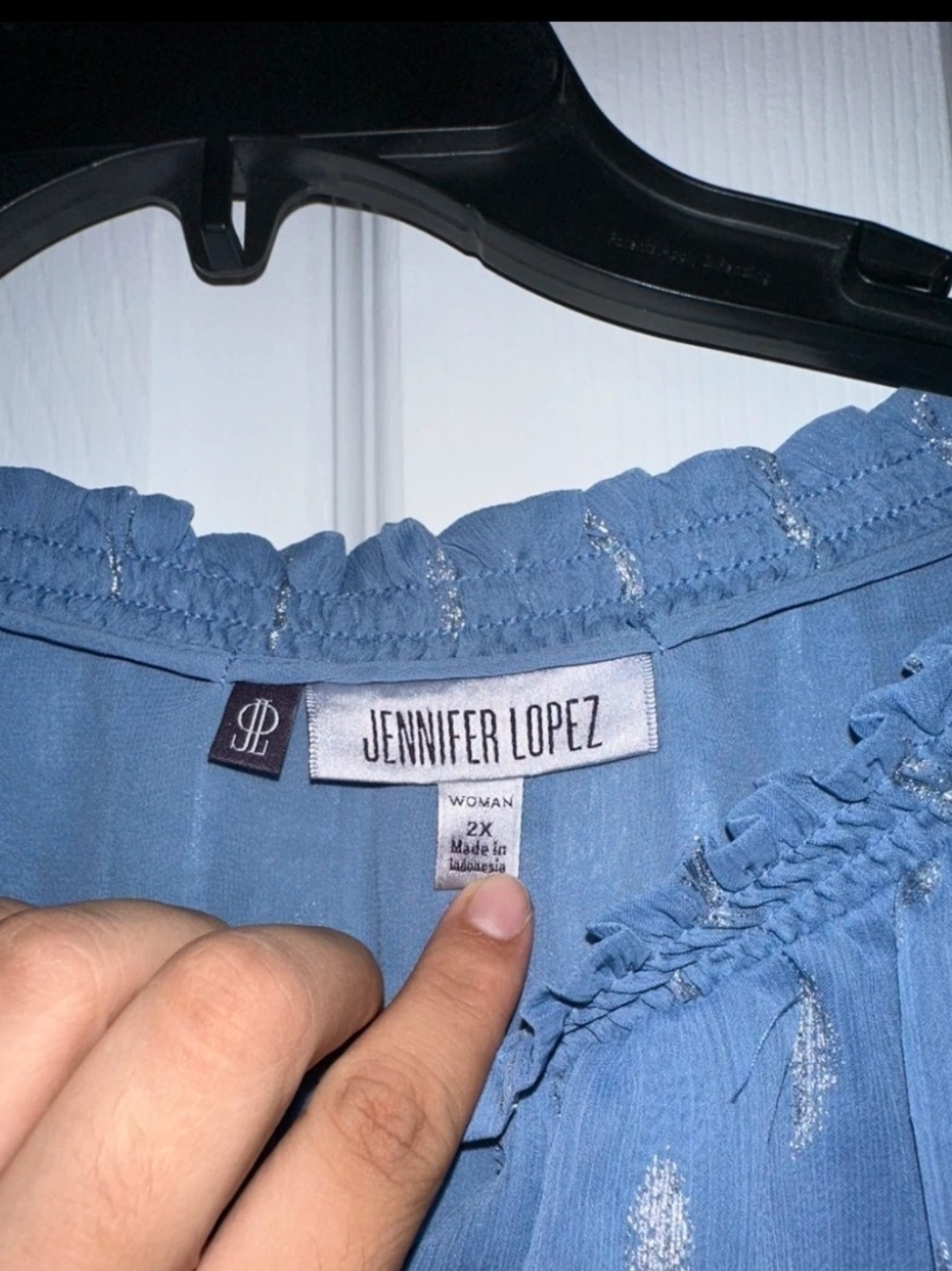 Jennifer Lopez Dusty Blue Metallic-Accent Peasant Top - Picture 3 of 3
